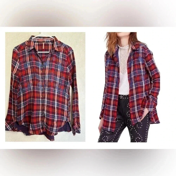 FREE PEOPLE Women’s Red Blue Plaid Embroidered HiLow Button Down Top Shirt Small - Picture 1 of 10
